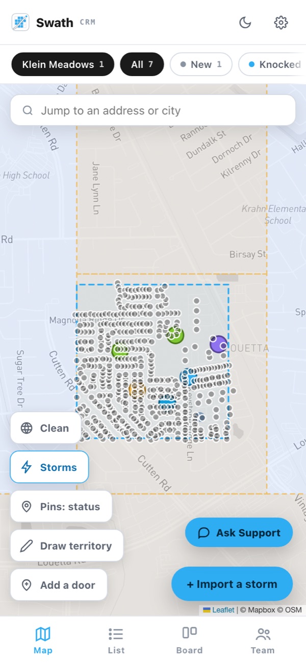 Swath CRM on a phone: a verified hail swath over Klein, Texas, a drawn territory, and hundreds of roof pins with crew dispositions