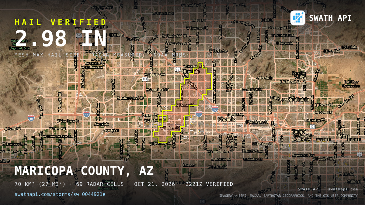 Storm card: 1.1–3" hail crossed Maricopa County, AZ — October 21, 2026