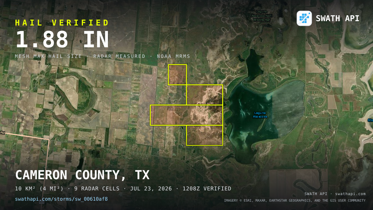 Storm card: 1.5–1.9" hail crossed Cameron County, TX — July 23, 2026