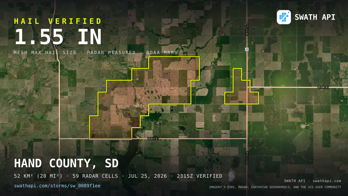 Storm card: 1.1–1.6" hail crossed Hand County, SD — July 25, 2026