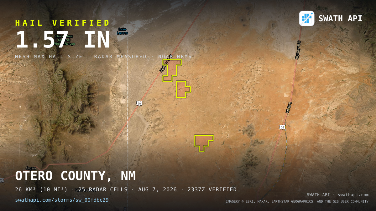 Storm card: 1.2–1.6" hail crossed Otero County, NM — August 7, 2026