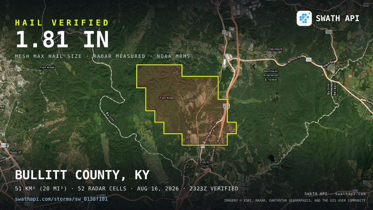 Storm card: 1.2–1.8" hail crossed Bullitt County, KY — August 16, 2026