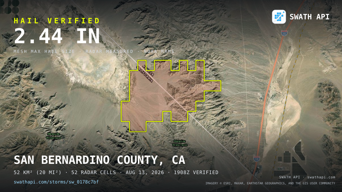 Storm card: 1.2–2.4" hail crossed San Bernardino County, CA — August 13, 2026