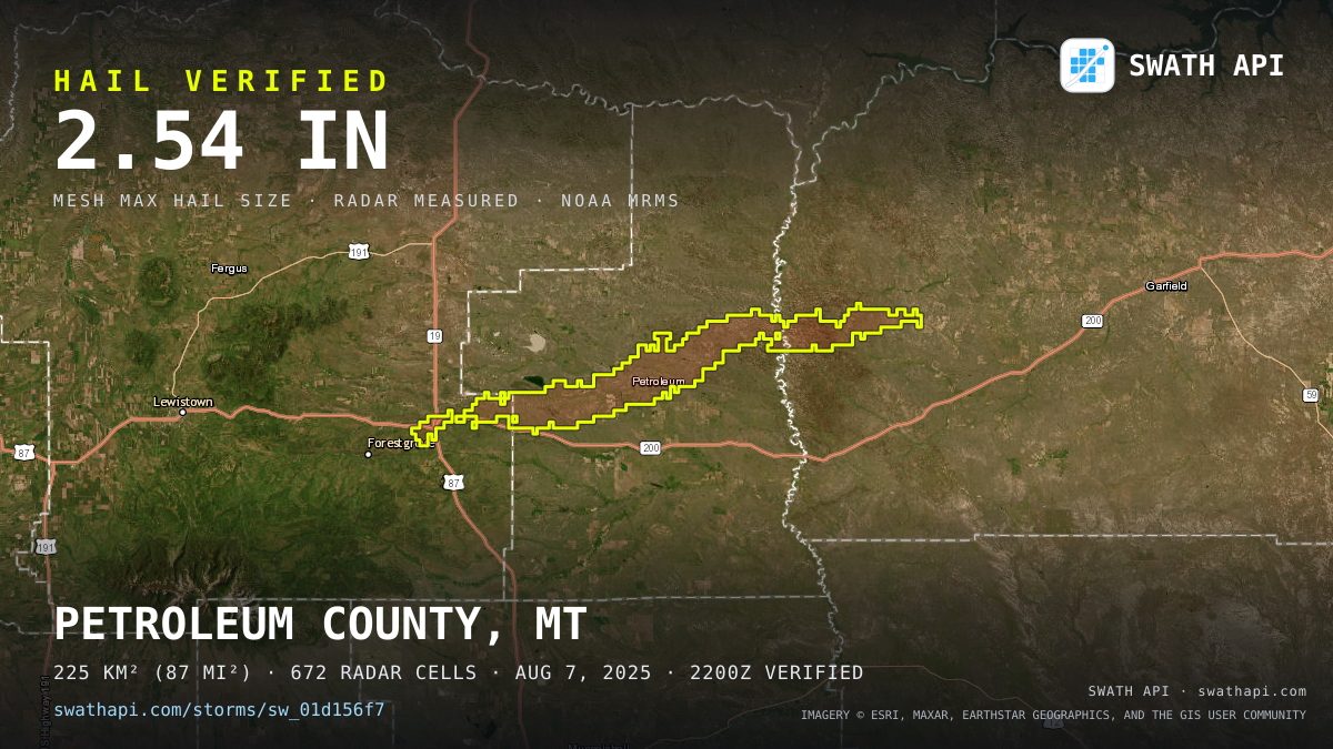 Storm card: 1.4–2.5" hail crossed Petroleum County, MT — August 7, 2025