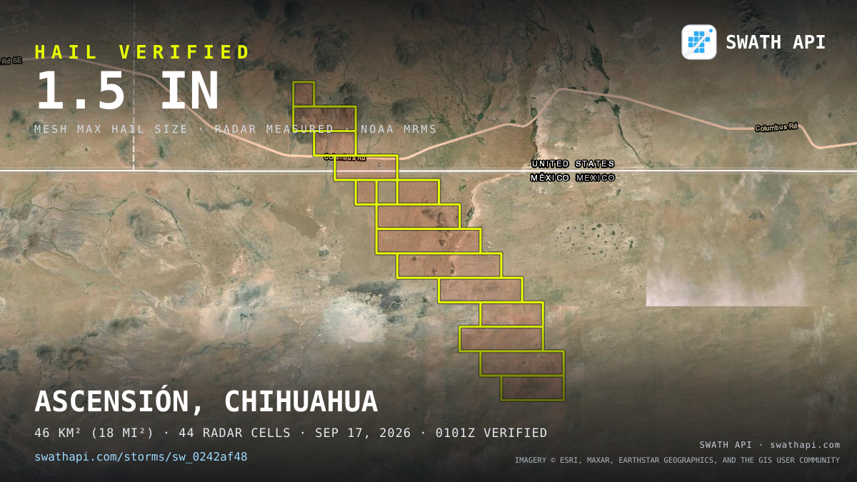 Storm card: 1.1–1.5" hail verified near 31.75, -107.15 — September 17, 2026