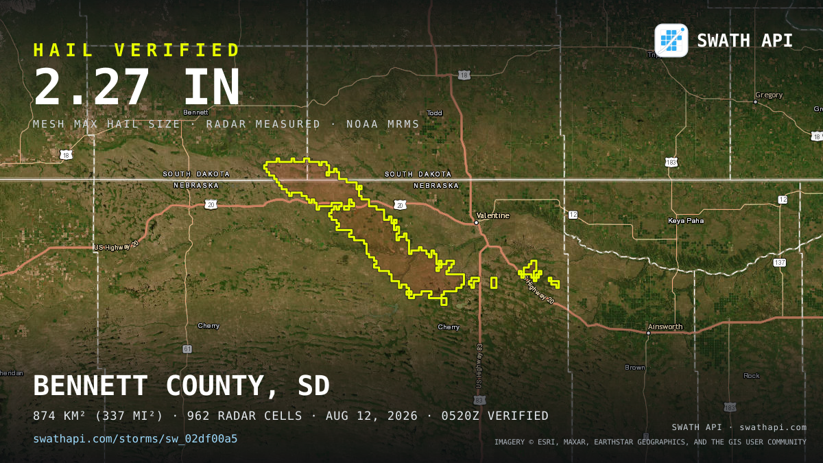Storm card: 1.1–2.3" hail crossed Cherry County, NE — August 12, 2026