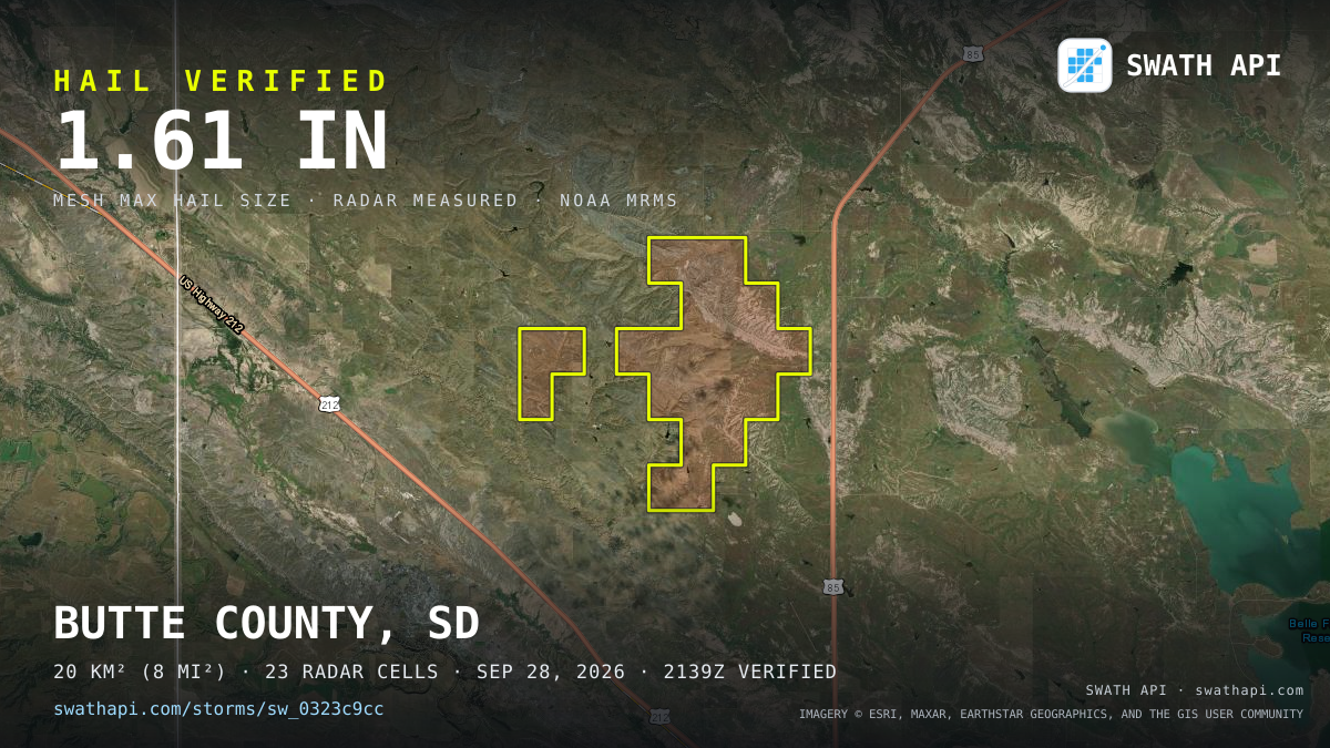 Storm card: 1.1–1.6" hail crossed Butte County, SD — September 28, 2026