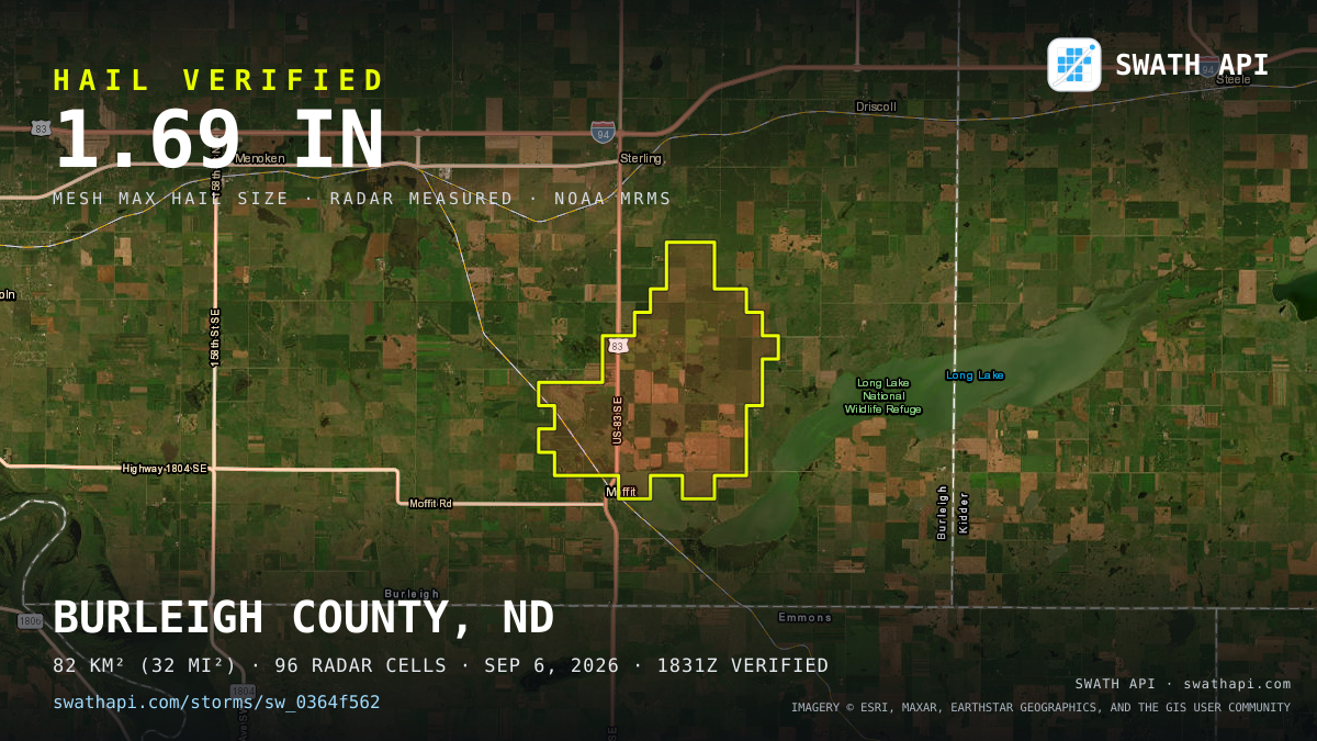 Storm card: 1.1–1.7" hail crossed Burleigh County, ND — September 6, 2026