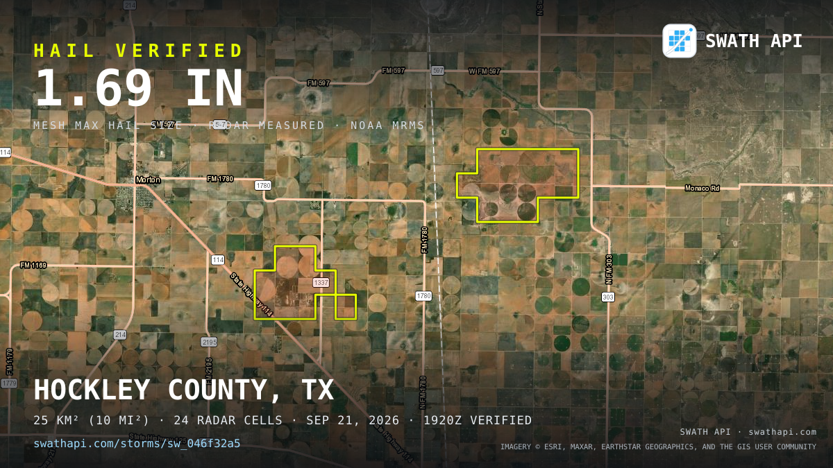 Storm card: 1.1–1.7" hail crossed Cochran County, TX — September 21, 2026