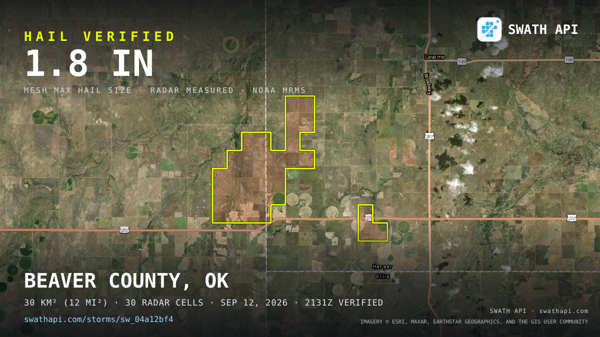 Storm card: 1.3–1.8" hail crossed Harper County, OK — September 12, 2026