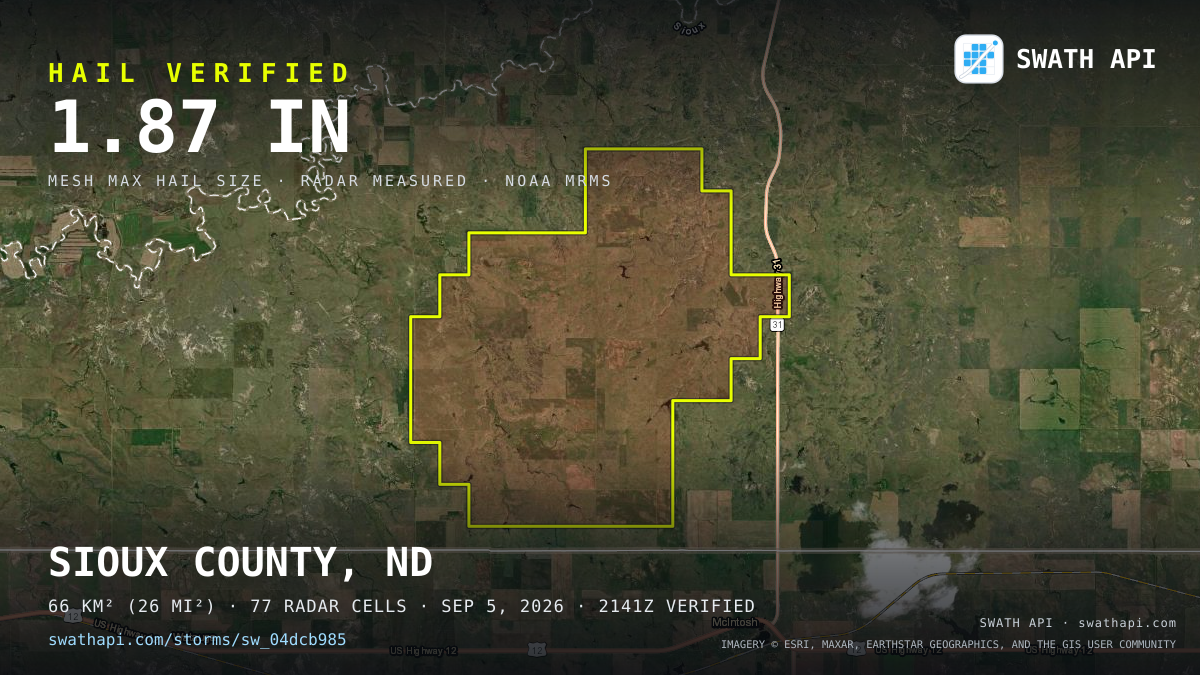 Storm card: 1.4–1.9" hail crossed Sioux County, ND — September 5, 2026