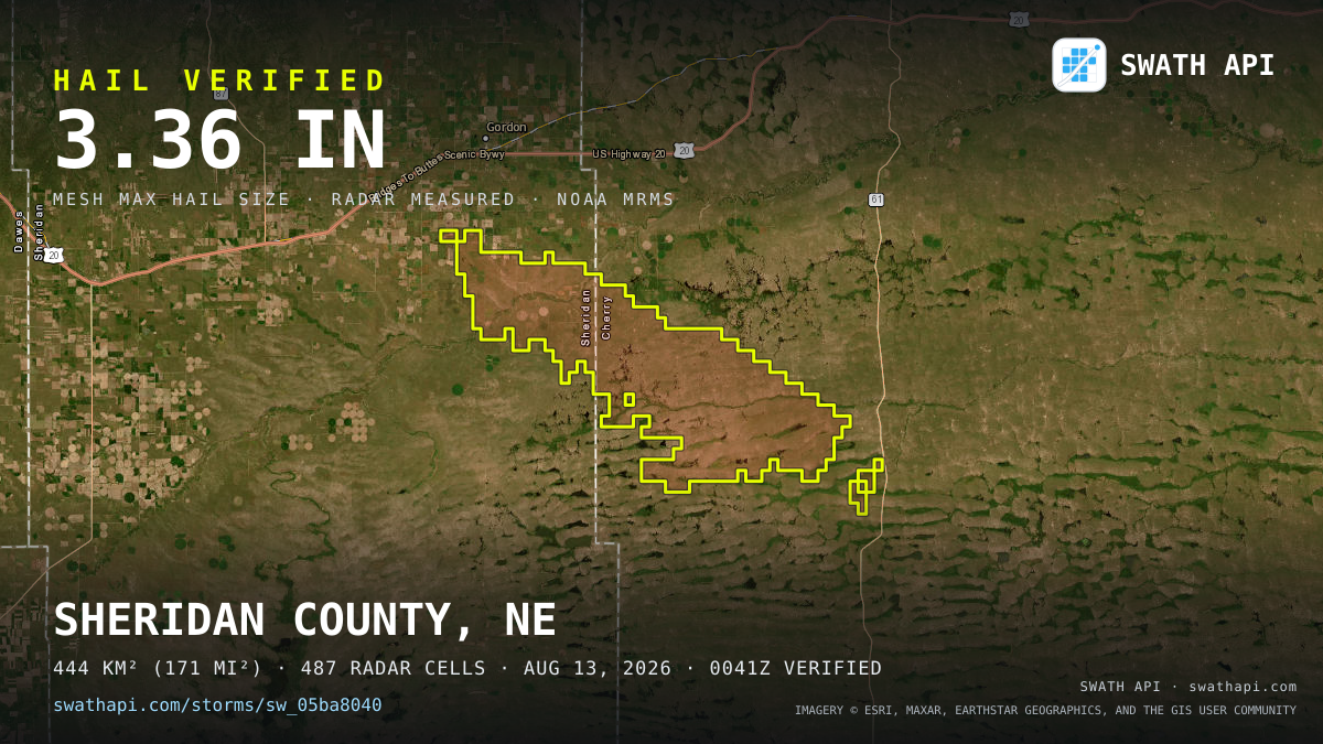 Storm card: 1.1–3.4" hail crossed Cherry County, NE — August 13, 2026