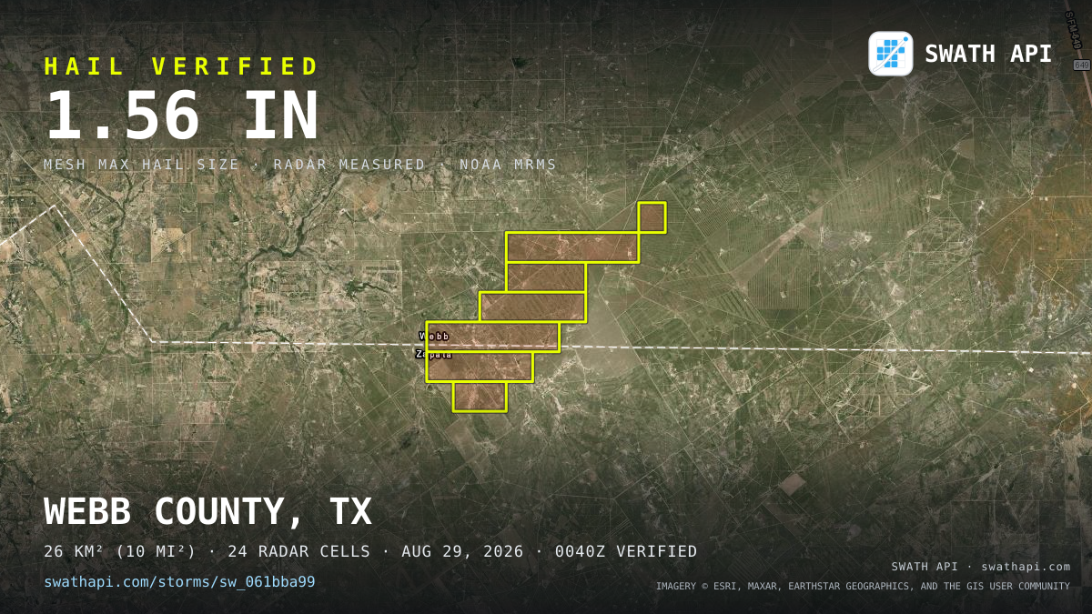 Storm card: 1.2–1.6" hail crossed Webb County, TX — August 29, 2026