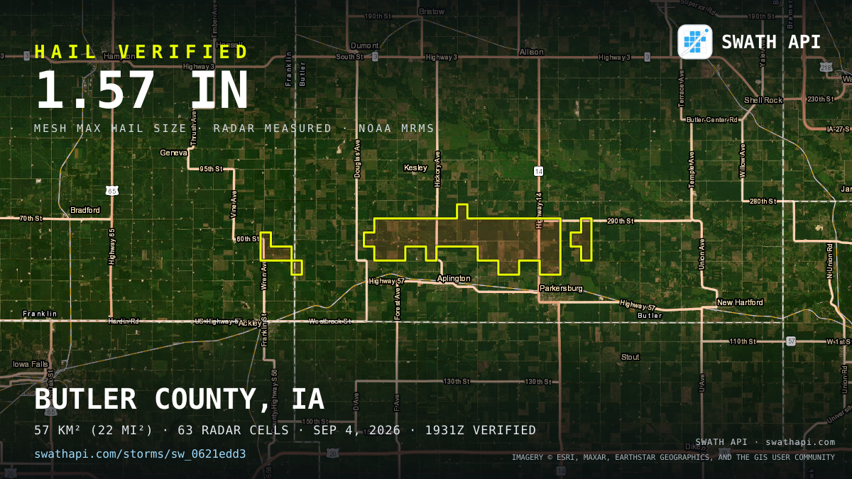Storm card: 1–1.6" hail crossed Butler County, IA — September 4, 2026