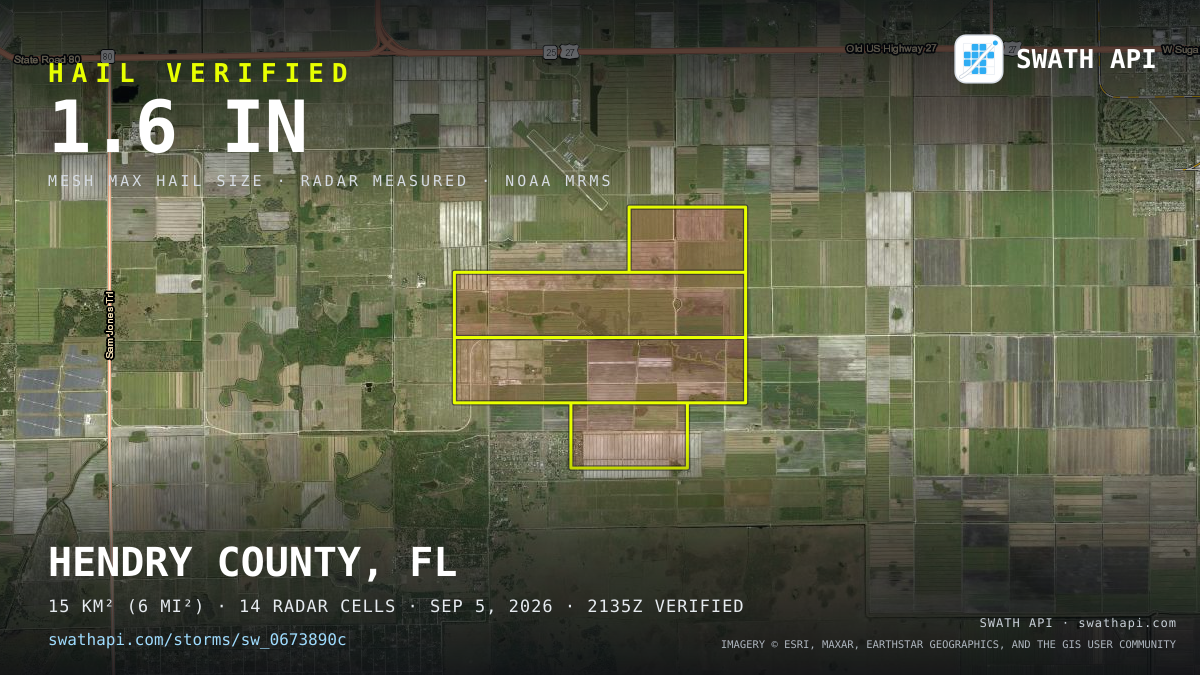 Storm card: 1.3–1.6" hail crossed Hendry County, FL — September 5, 2026