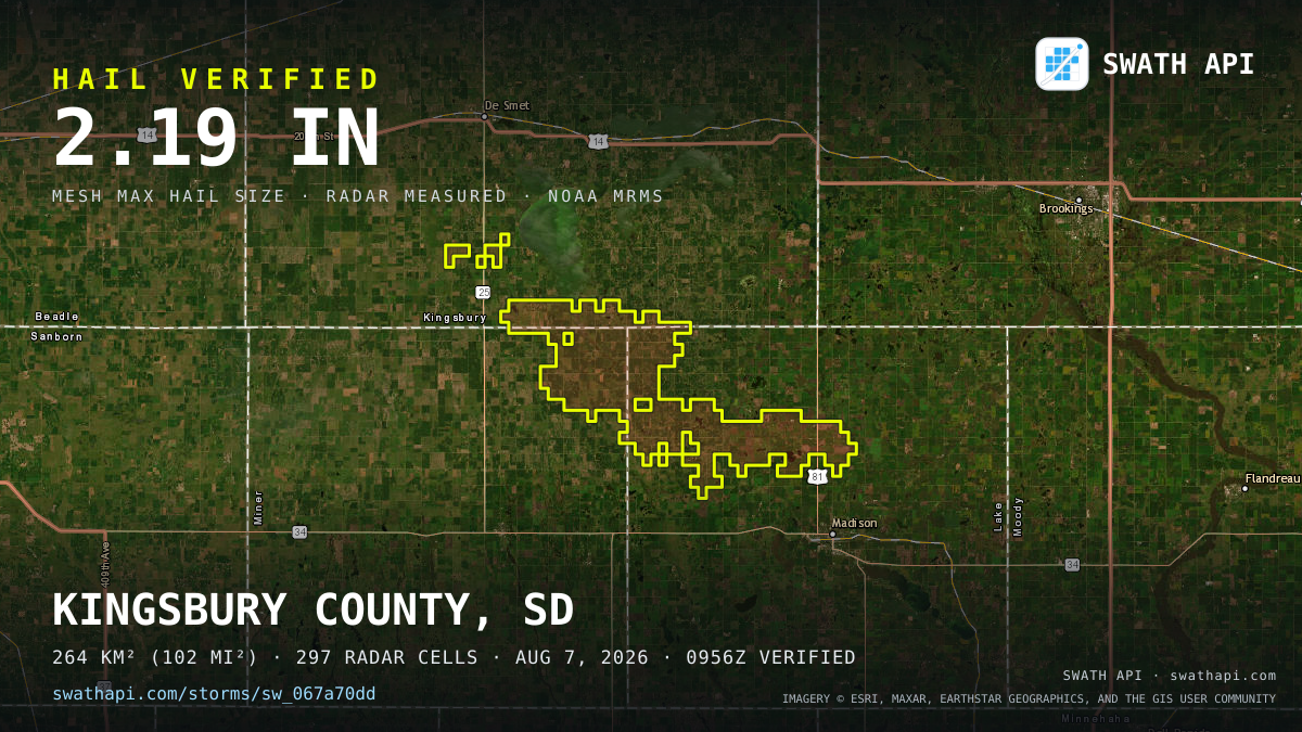 Storm card: 1.2–2.2" hail crossed Lake County, SD — August 7, 2026