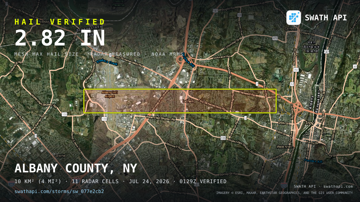 Storm card: 2.3–2.8" hail crossed Albany County, NY — July 24, 2026