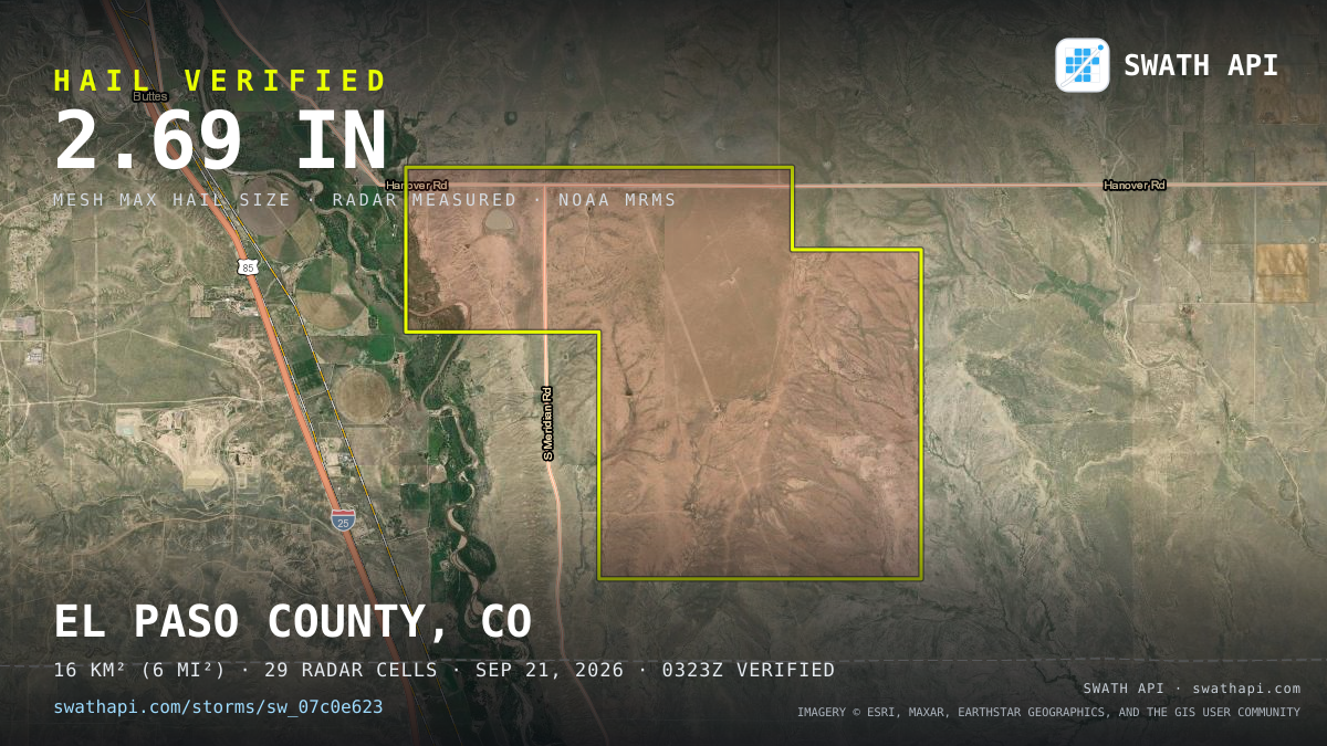 Storm card: 1.2–2.7" hail crossed Pueblo County, CO — September 21, 2026
