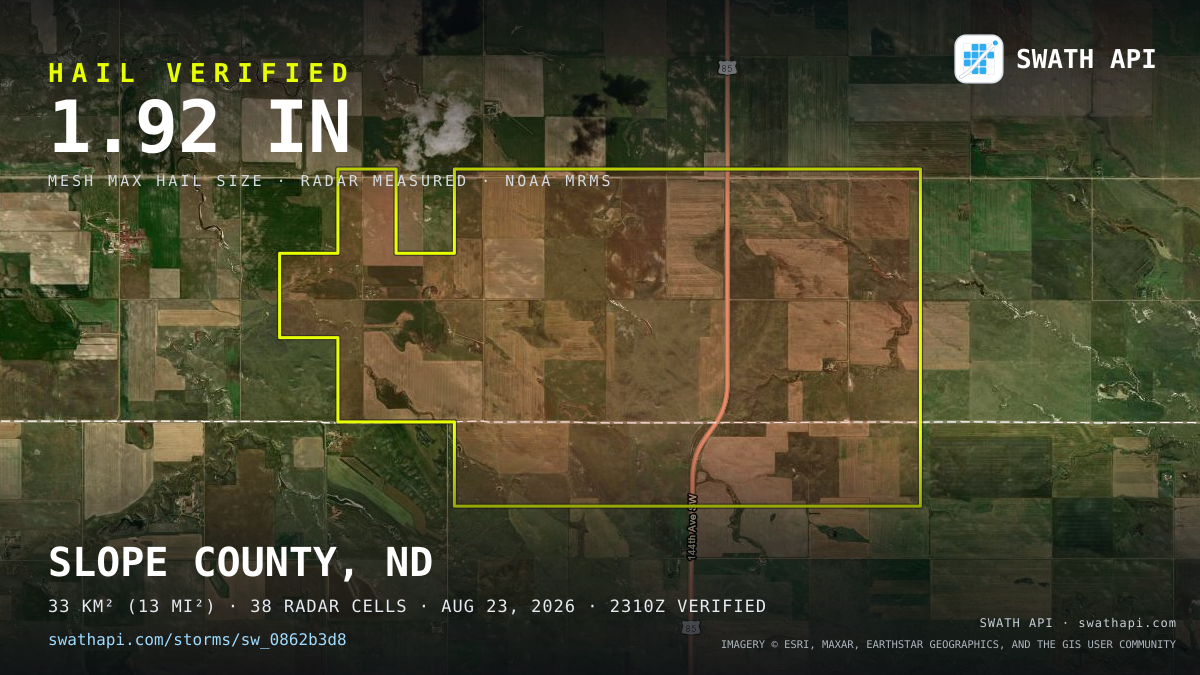 Storm card: 1.2–1.9" hail crossed Slope County, ND — August 23, 2026