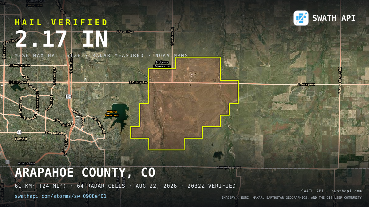 Storm card: 1.3–2.2" hail crossed Arapahoe County, CO — August 22, 2026