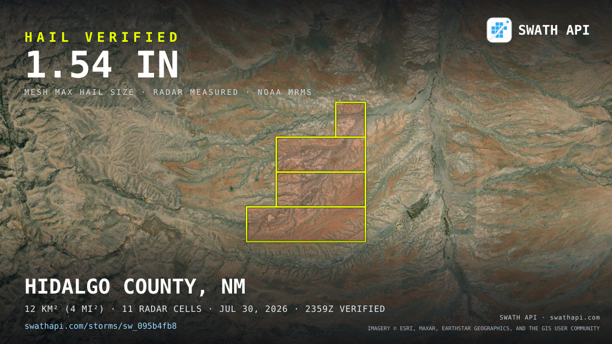 Storm card: 1.3–1.5" hail crossed Hidalgo County, NM — July 30, 2026