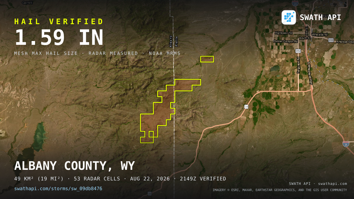 Storm card: 1.2–1.6" hail crossed Albany County, WY — August 22, 2026