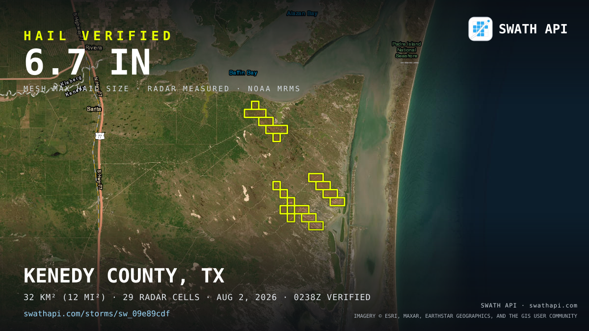 Storm card: 3.4–6.7" hail crossed Kenedy County, TX — August 2, 2026