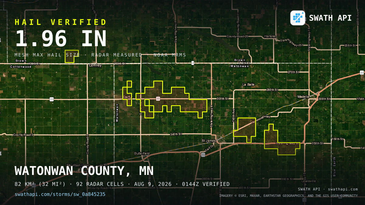 Storm card: 1.2–2" hail crossed Watonwan County, MN — August 9, 2026
