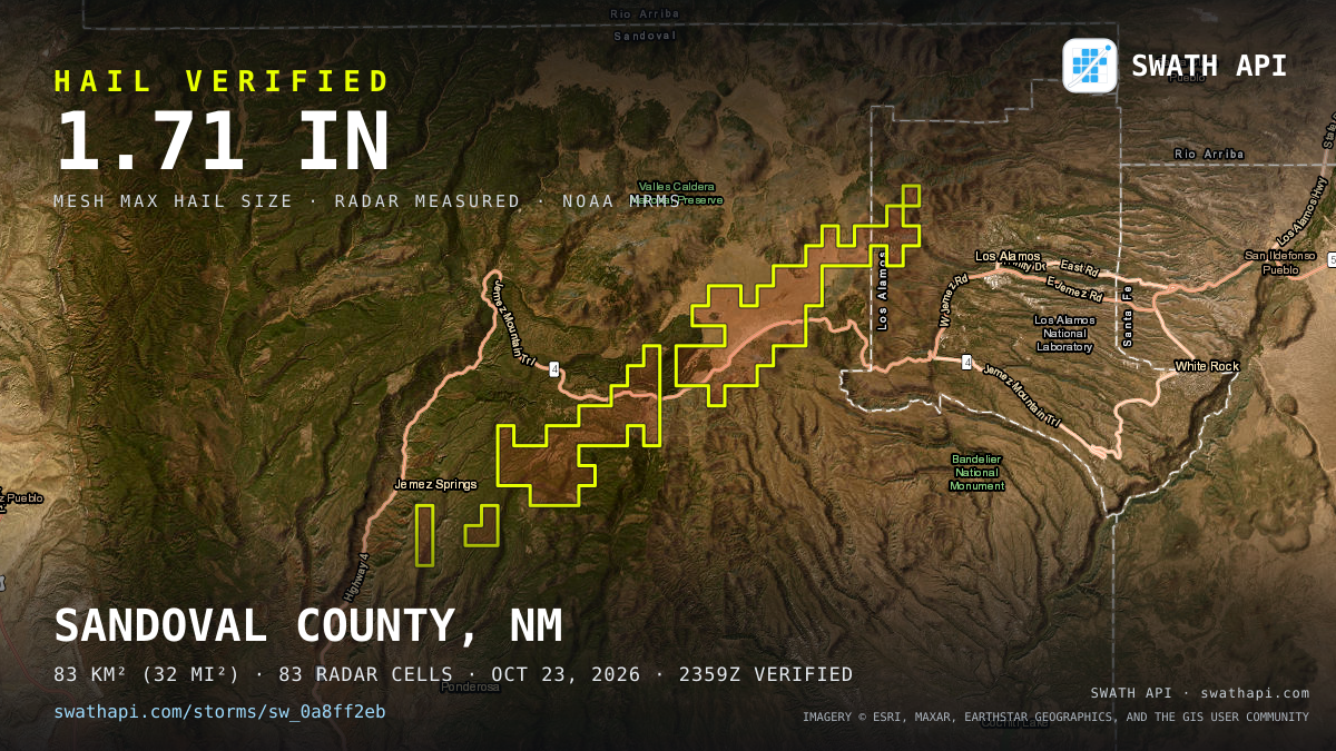 Storm card: 1.4–2" hail crossed Sandoval County, NM — October 23, 2026