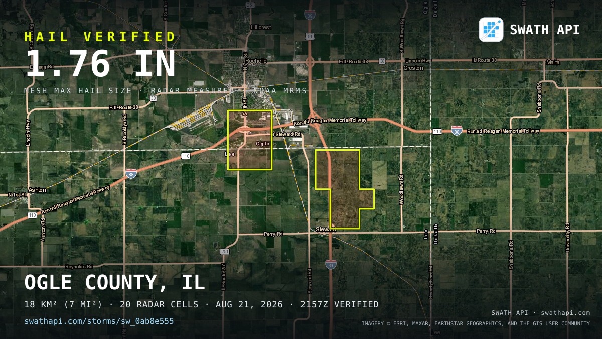 Storm card: 1.2–1.8" hail crossed Lee County, IL — August 21, 2026