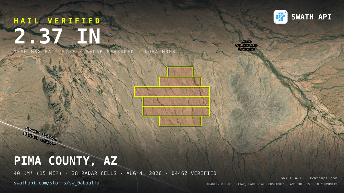 Storm card: 1.2–2.4" hail crossed Pima County, AZ — August 4, 2026