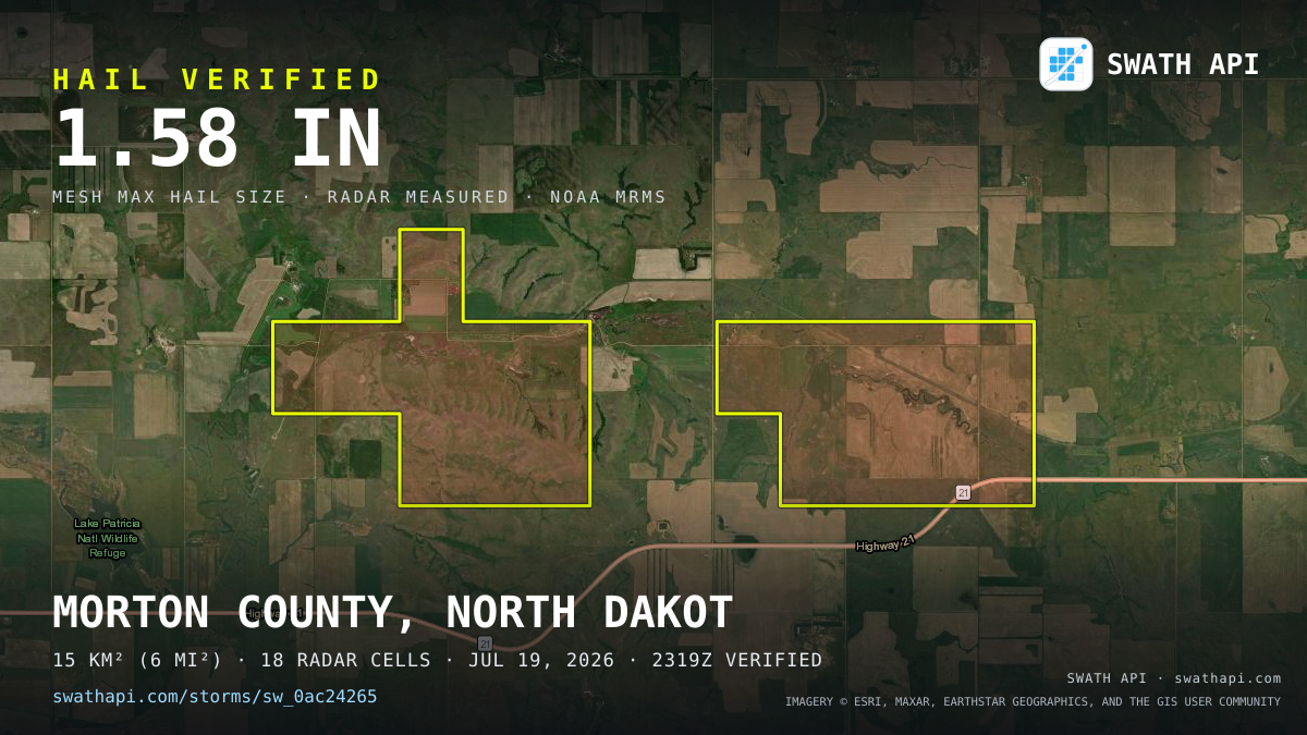 Storm card: 1.3–1.6" hail crossed Morton County, ND — July 19, 2026
