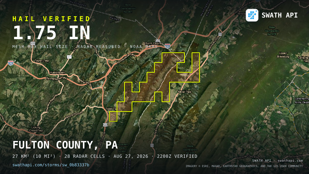 Storm card: 1.2–1.8" hail crossed Fulton County, PA — August 27, 2026