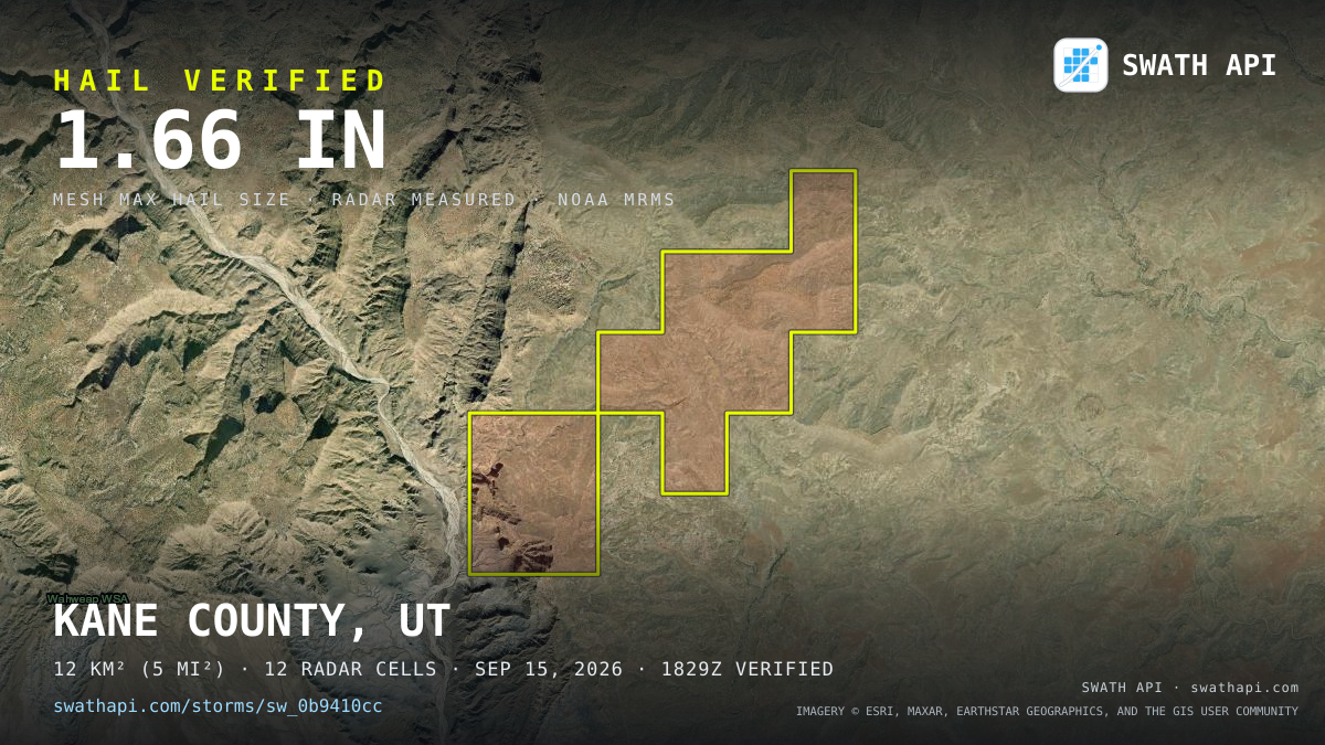 Storm card: 1.3–1.7" hail crossed Kane County, UT — September 15, 2026