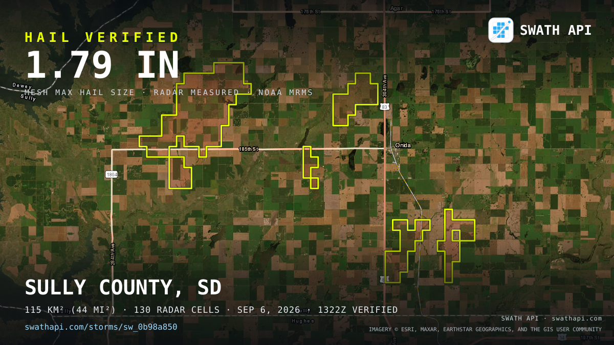 Storm card: 1.2–1.8" hail crossed Sully County, SD — September 6, 2026