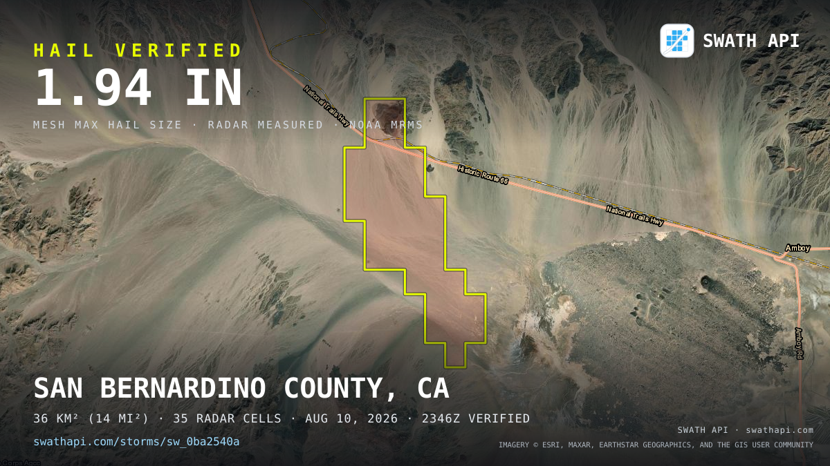 Storm card: 1.3–1.9" hail crossed San Bernardino County, CA — August 10, 2026