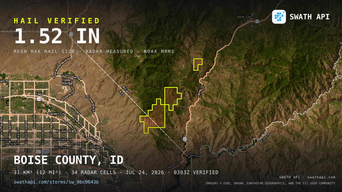 Storm card: 1.1–1.5" hail crossed Boise County, ID — July 24, 2026