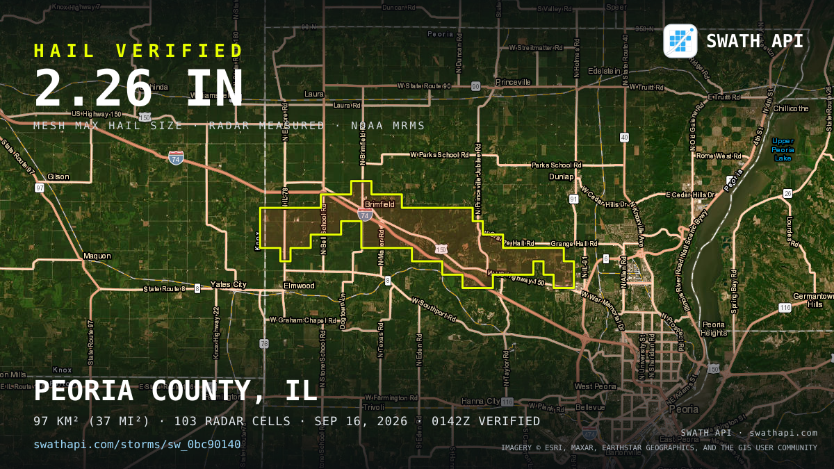 Storm card: 1.2–2.3" hail crossed Peoria County, IL — September 16, 2026