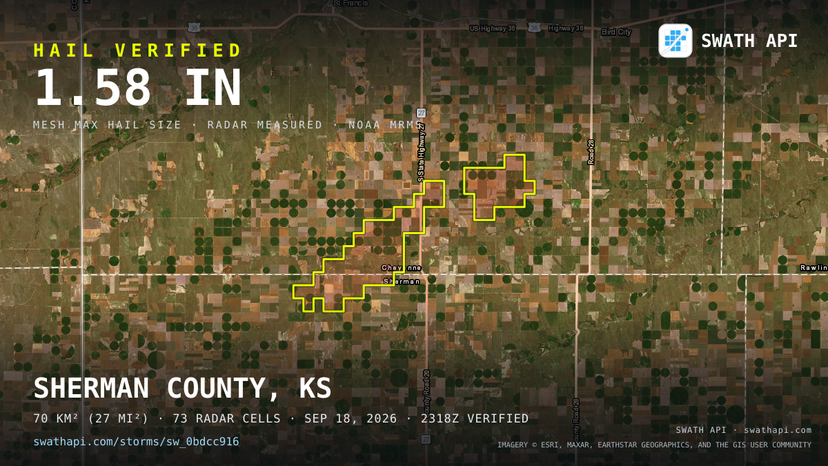 Storm card: 1.1–1.6" hail crossed Cheyenne County, KS — September 18, 2026