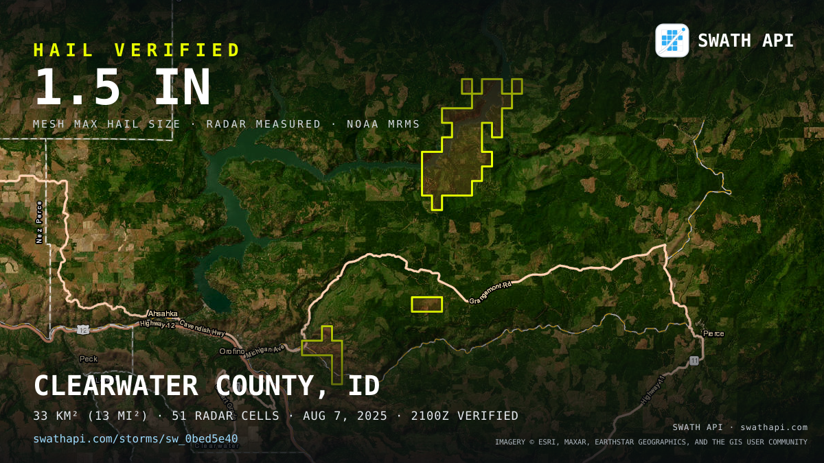 Storm card: 1.2–1.5" hail crossed Clearwater County, ID — August 7, 2025