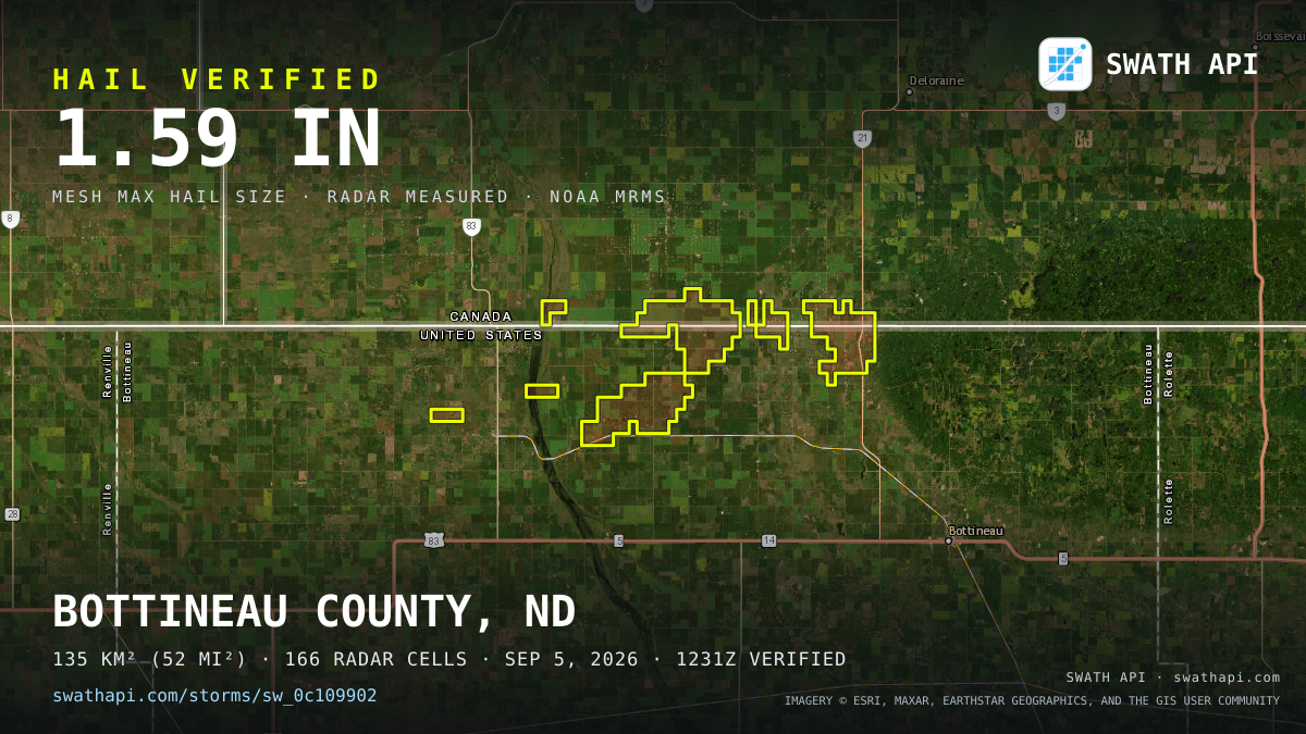 Storm card: 1.1–1.6" hail crossed Bottineau County, ND — September 5, 2026
