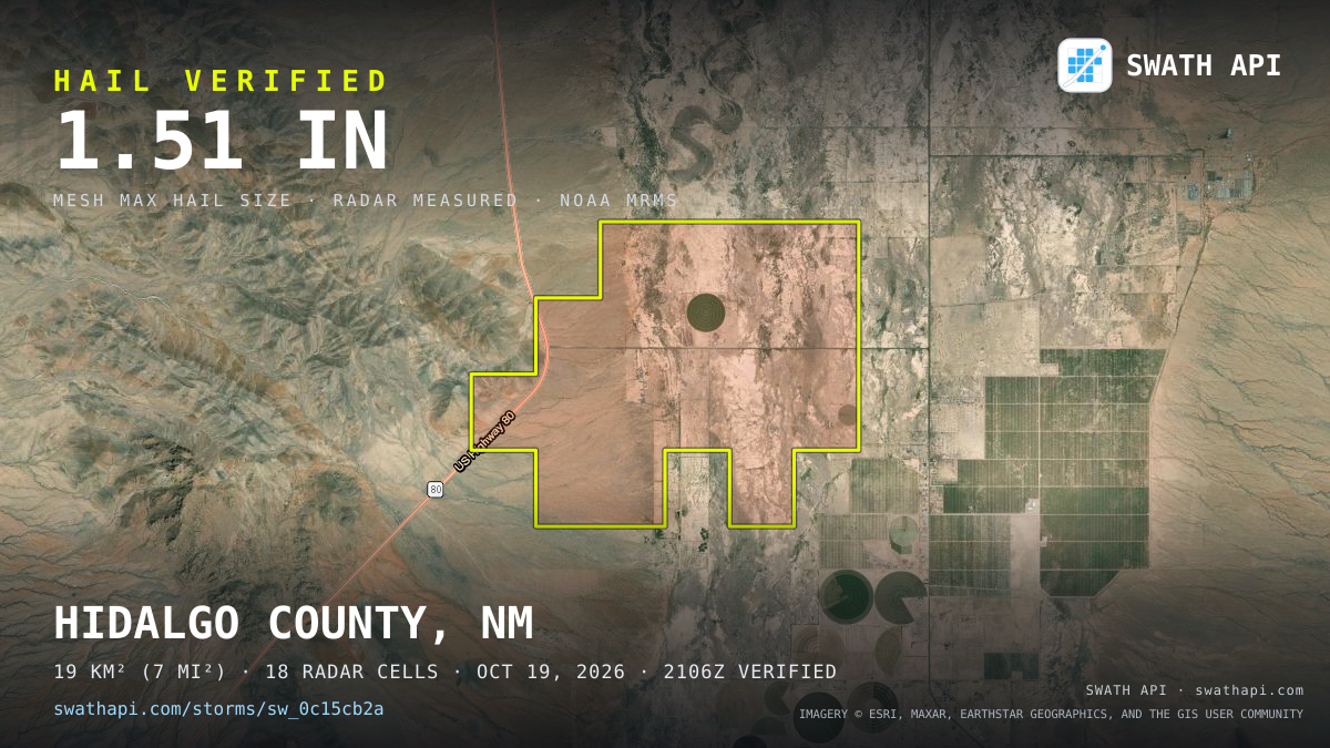 Storm card: 1.2–1.5" hail crossed Hidalgo County, NM — October 19, 2026