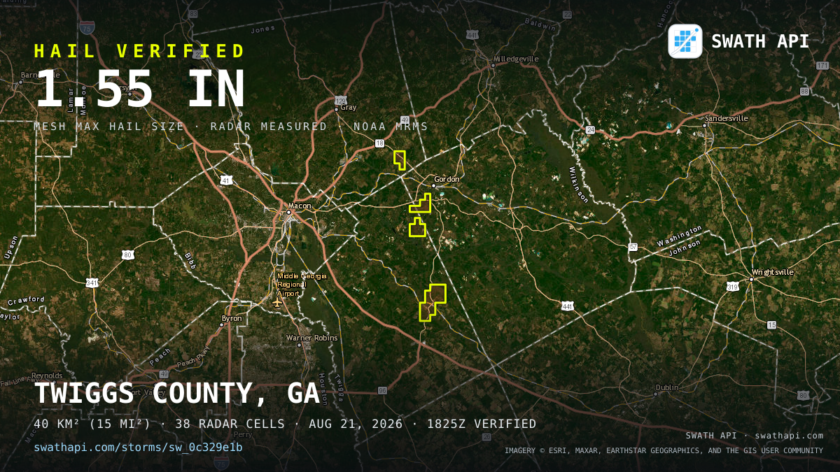 Storm card: 1.1–1.6" hail crossed Twiggs County, GA — August 21, 2026