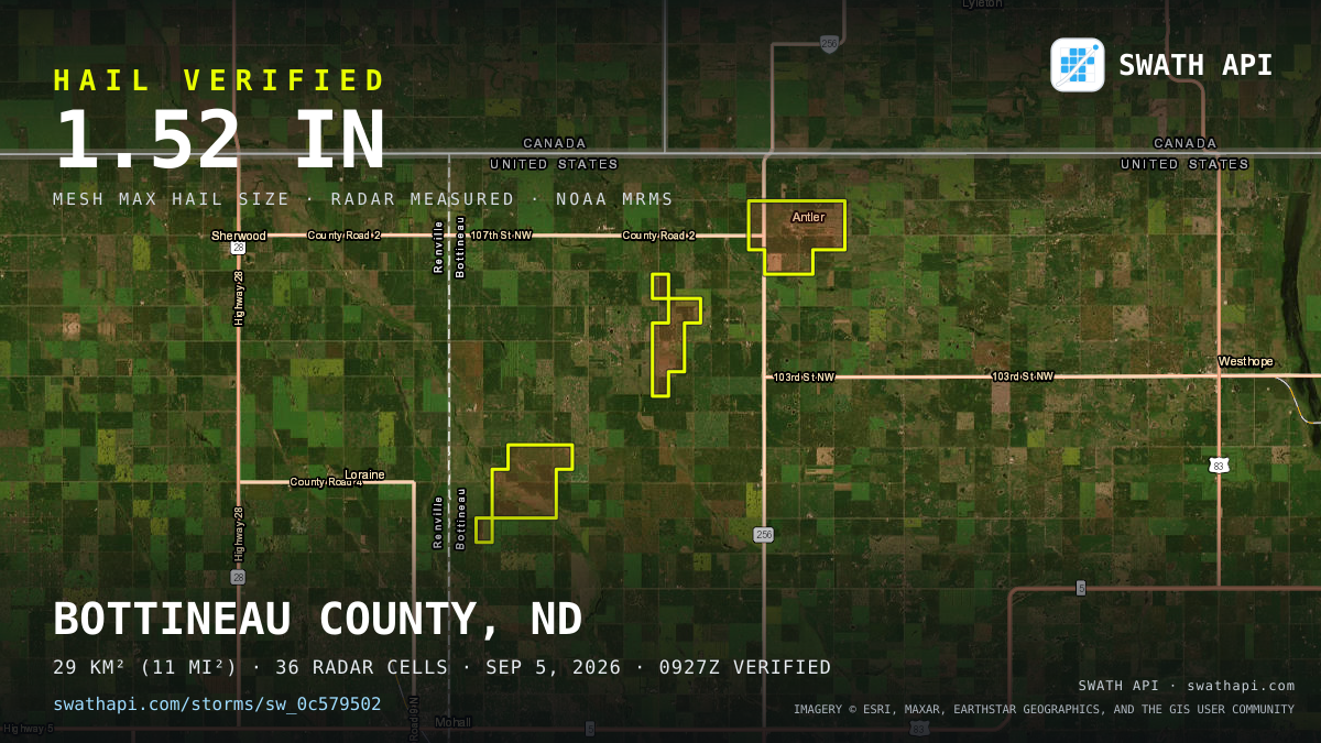 Storm card: 1.2–1.5" hail crossed Bottineau County, ND — September 5, 2026