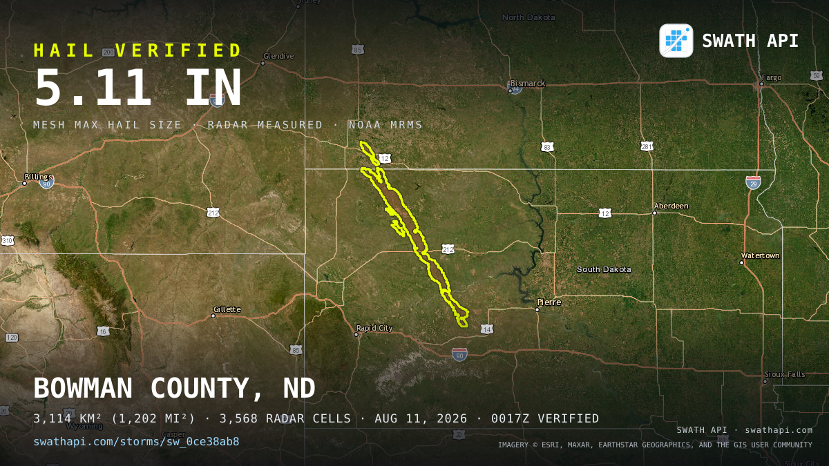 Storm card: 1.1–5.1" hail crossed Perkins County, SD — August 11, 2026
