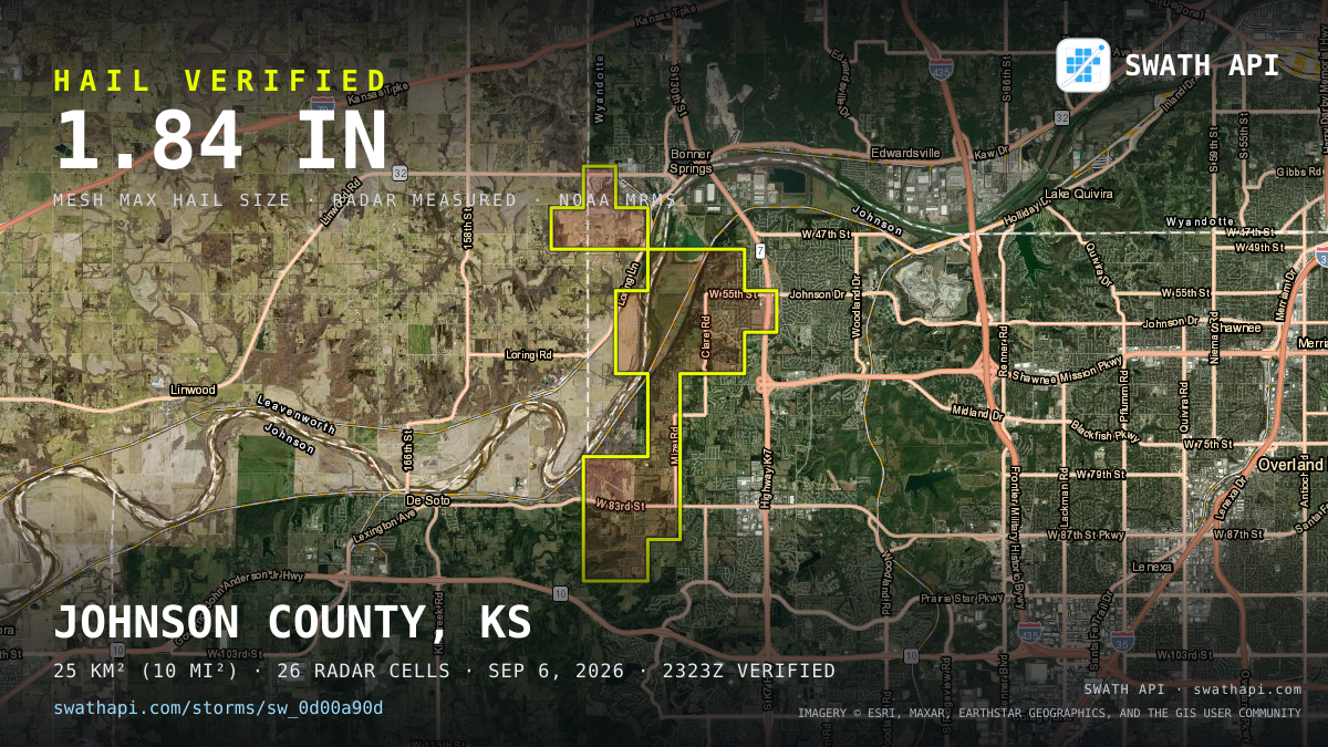 Storm card: 1.3–1.8" hail crossed Johnson County, KS — September 6, 2026