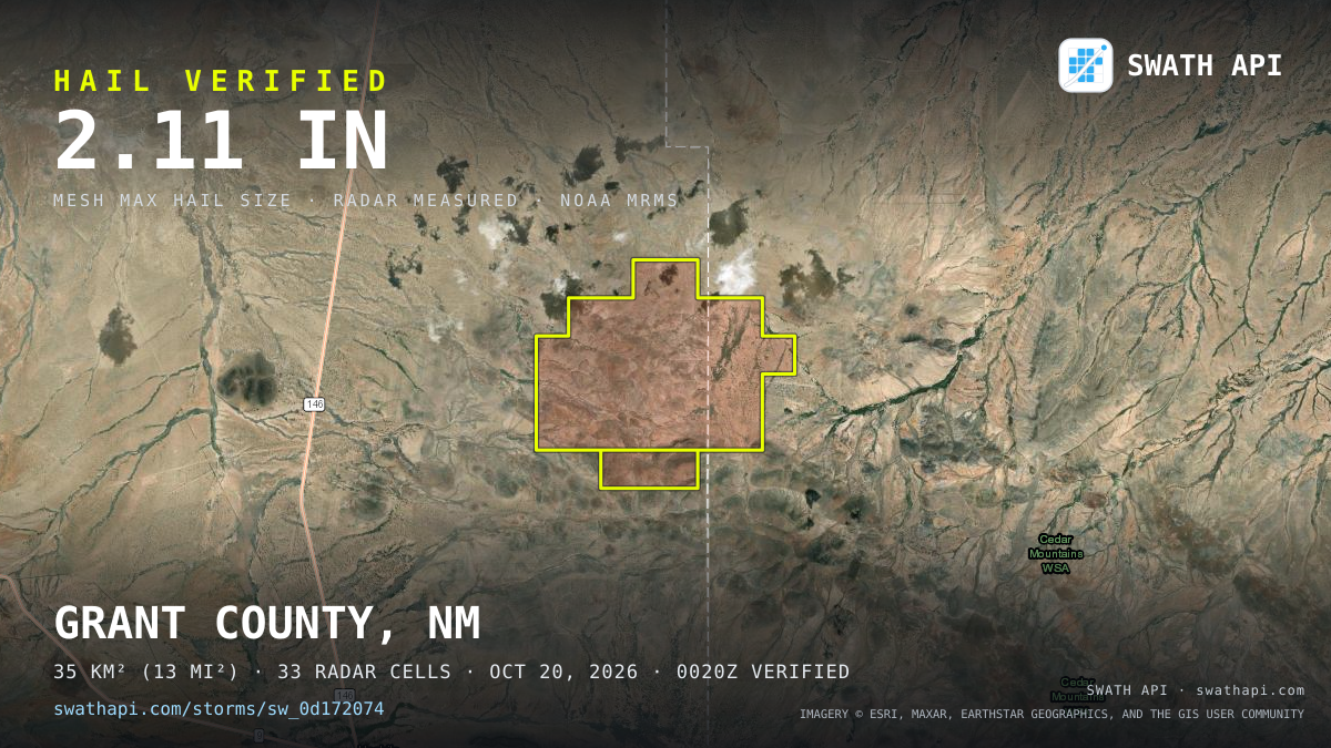 Storm card: 1.2–2.1" hail crossed Grant County, NM — October 20, 2026