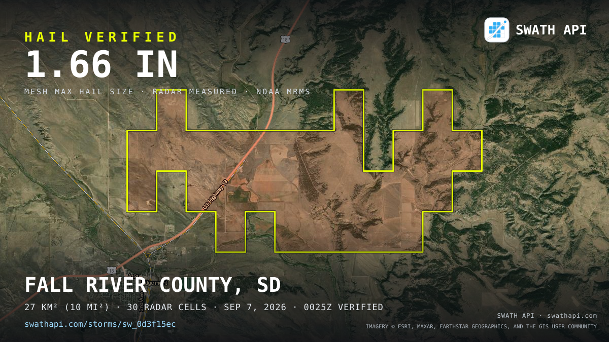 Storm card: 1.1–1.7" hail crossed Fall River County, SD — September 7, 2026