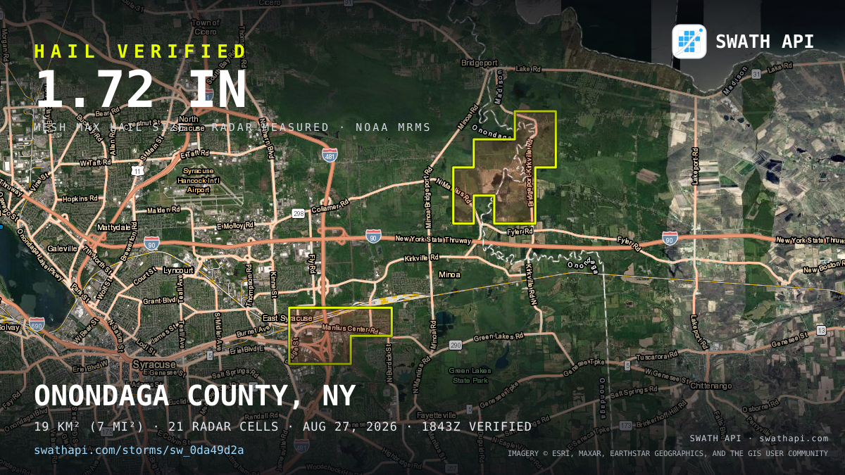 Storm card: 1.3–1.7" hail crossed Onondaga County, NY — August 27, 2026