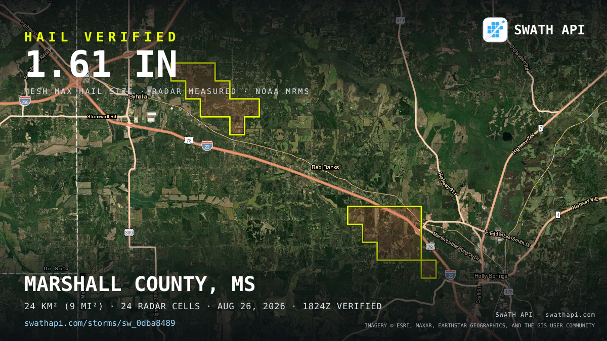 Storm card: 1.1–1.6" hail crossed Marshall County, MS — August 26, 2026